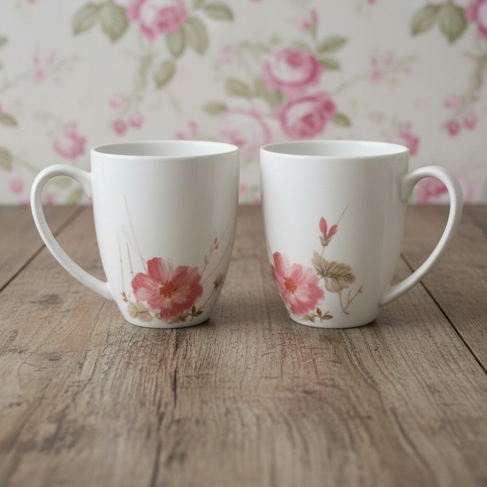 Oneida Amore Coffee Cups Mugs White Porcelain Pink Floral Watercolor Set of 2